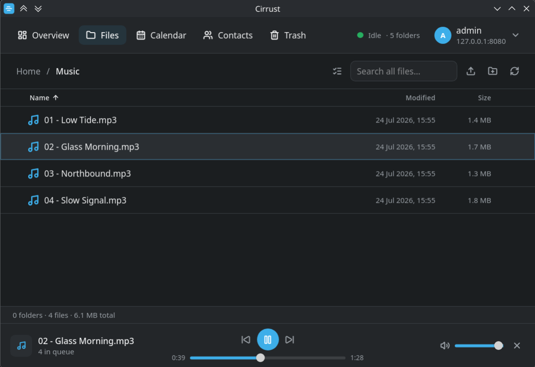 Cirrust playing a track from a Music folder, with the player bar showing queue, transport controls and seek position