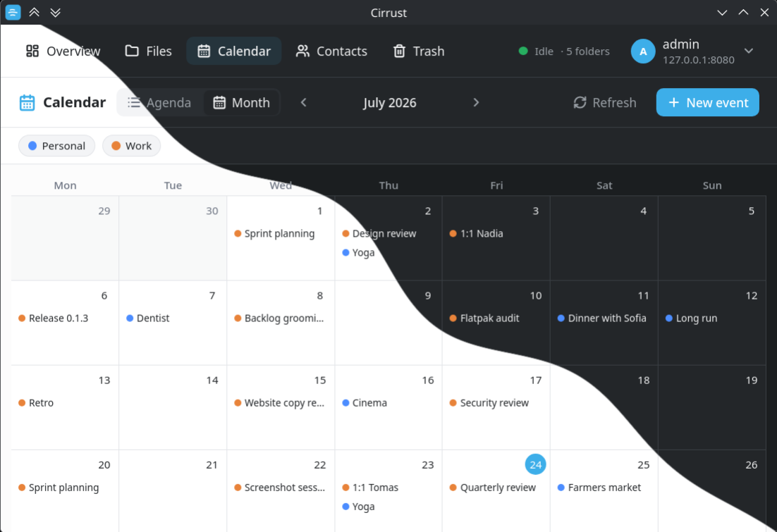 The Cirrust Calendar split by a wave — light theme in the lower left, dark theme in the upper right