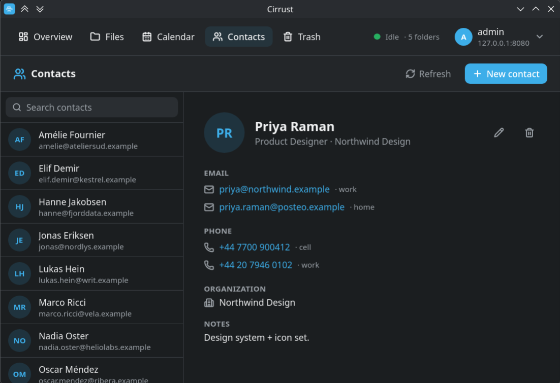 Cirrust Contacts: searchable list on the left, selected contact's details on the right