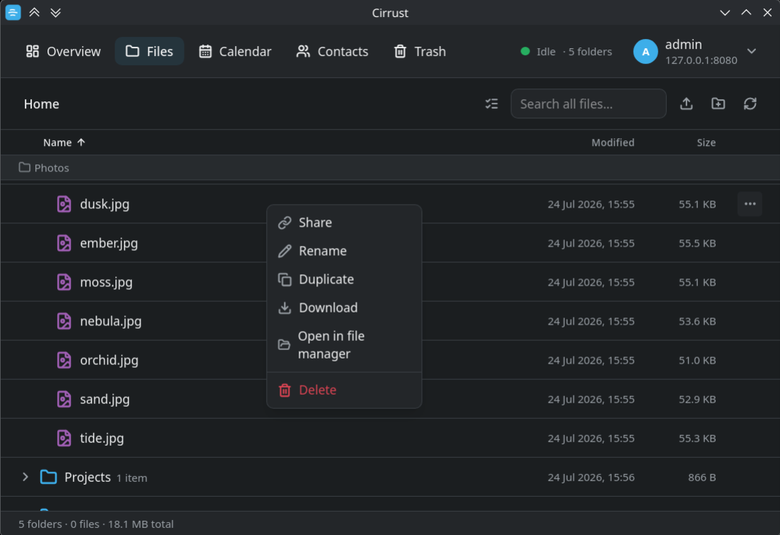 Cirrust Files view with the sticky breadcrumb strip and a right-click context menu open on a file
