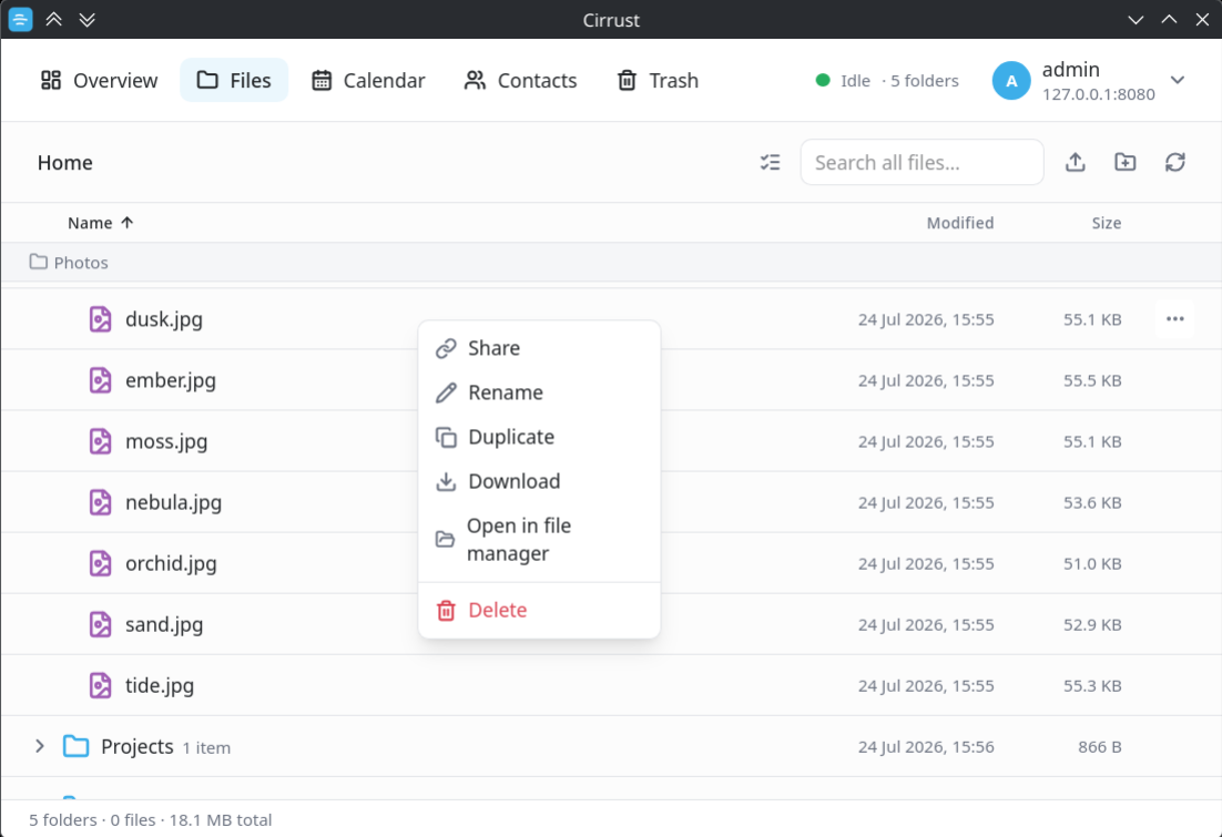 Cirrust Files view with the sticky breadcrumb strip and a right-click context menu open on a file