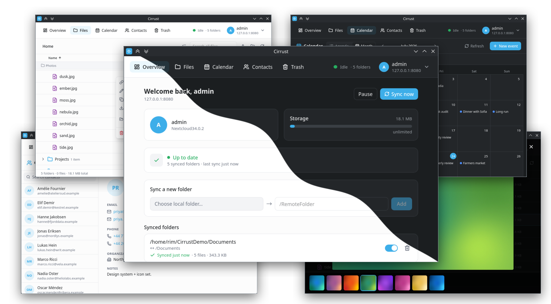 The Cirrust Overview in the centre, split by a wave into light theme on the lower left and dark theme on the upper right, with four further windows peeking out from behind it: the file browser and the contact list in the light theme on the left, the calendar month grid and the image gallery in the dark theme on the right