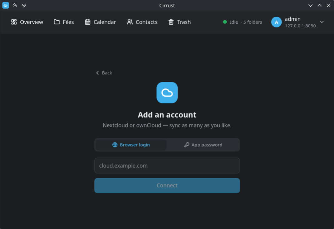 Cirrust's Add an account screen: a server address field with Browser login and App password options