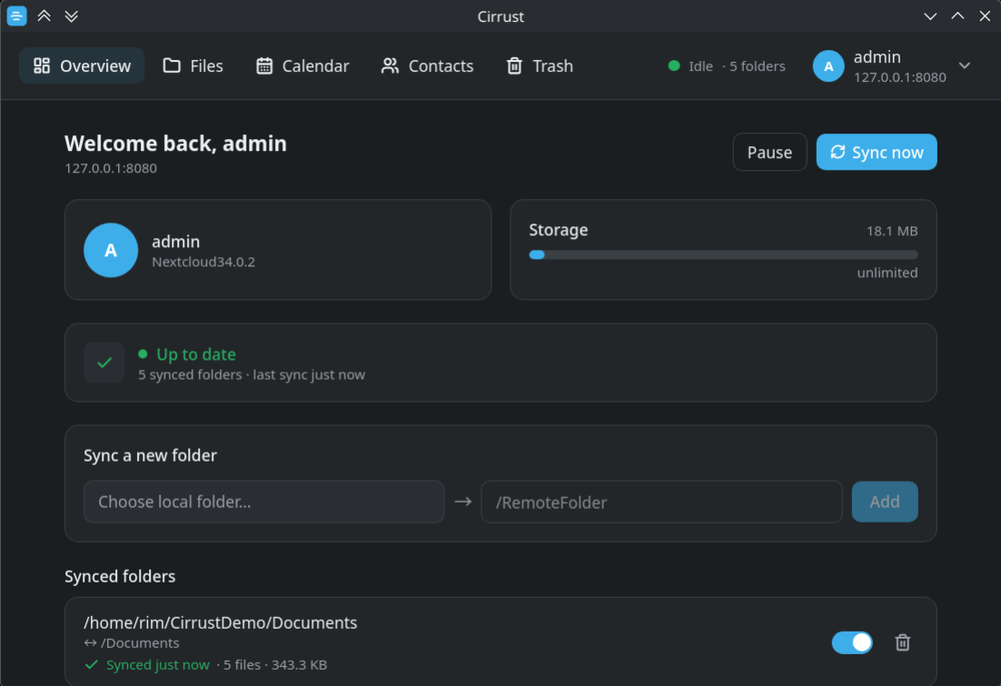 Cirrust Overview: sync status, storage quota and the list of synced folders