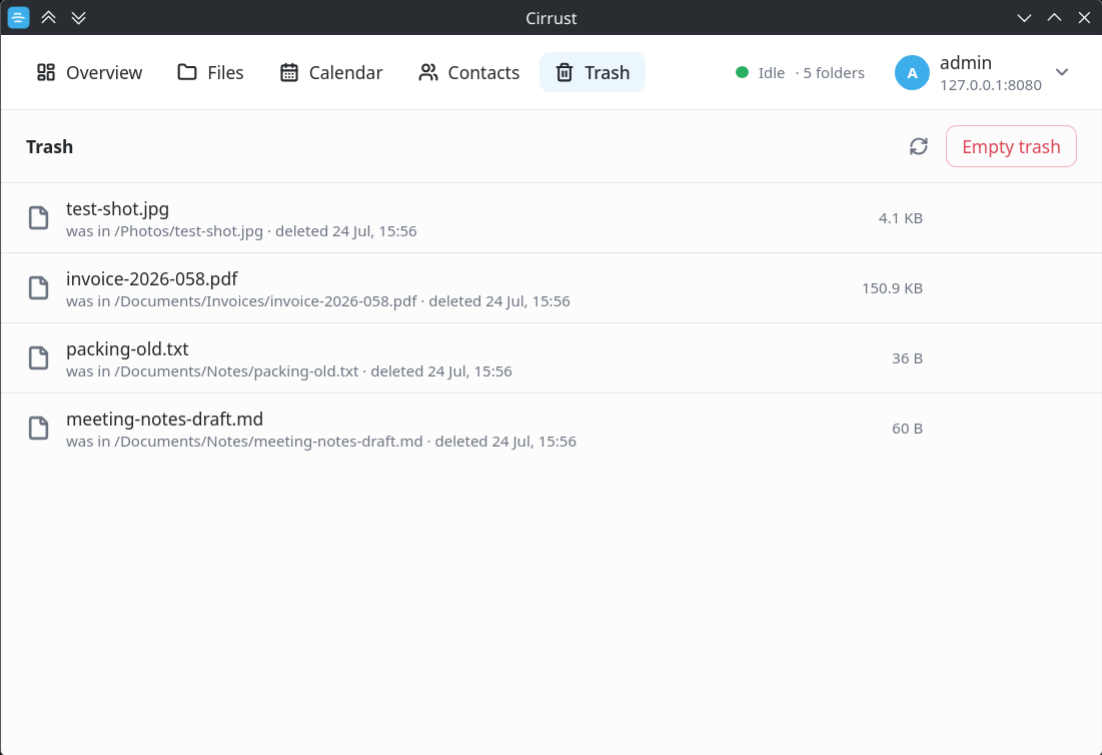 Cirrust Trash view listing deleted files with their original locations and deletion times